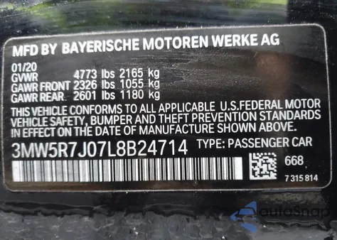 2020 BMW 3 Series 330I xDrive z USA, uszkodzony, nr VIN 3MW5R7J07L8B24714